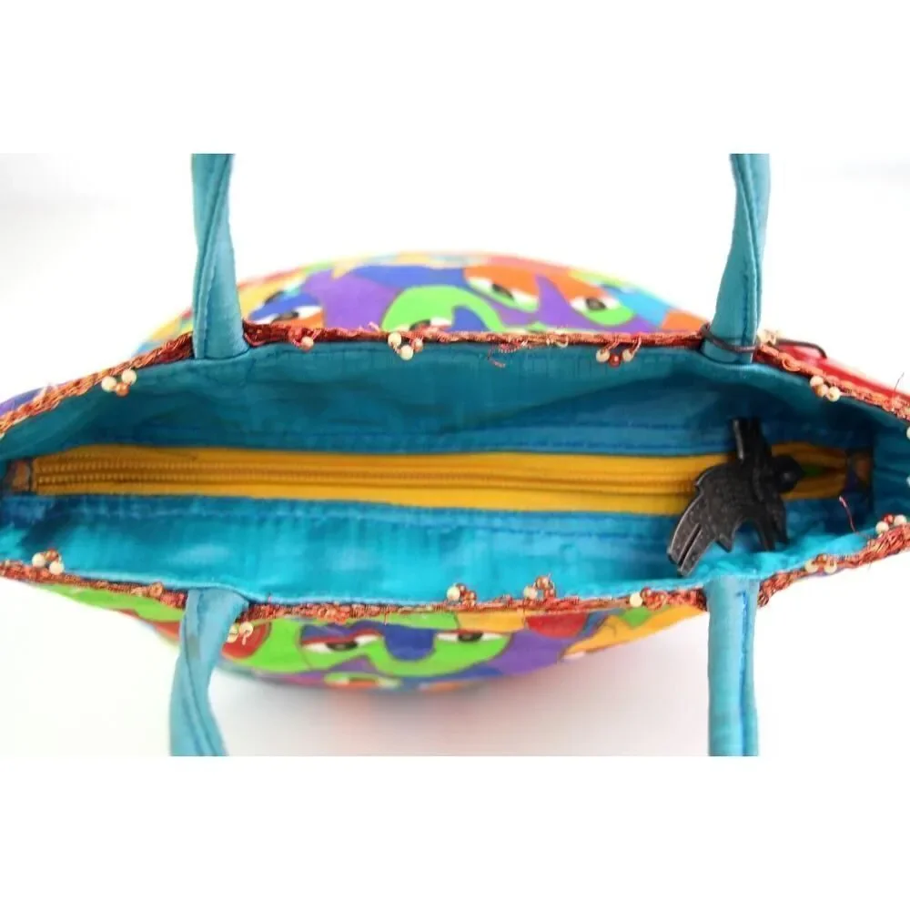 Laurel Burch MULTICOLOR COTTON CANVAS KAT BLUE HANDLES SATCHEL HANDBAG